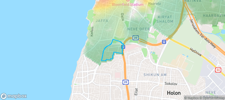 מפת חום של מחירי הנדל"ן בשכונת (יפו ד' (גבעת התמרים, תל אביב יפו — אזורים יקרים בגווני חם, אזורים זולים בגווני קר