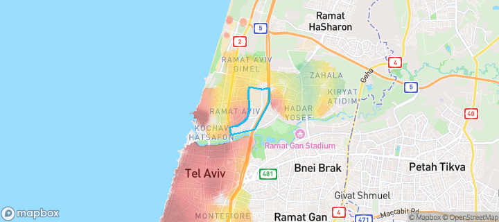 מפת חום של מחירי הנדל"ן בשכונת אוניברסיטת ת"א, תל אביב יפו — אזורים יקרים בגווני חם, אזורים זולים בגווני קר