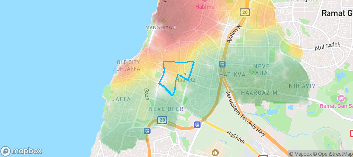 מפת חום של מחירי הנדל"ן בשכונת גבעת הרצל, אזור המלאכה-יפו, תל אביב יפו — אזורים יקרים בגווני חם, אזורים זולים בגווני קר