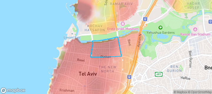 מפת חום של מחירי הנדל"ן בשכונת הצפון החדש - החלק הצפוני, תל אביב יפו — אזורים יקרים בגווני חם, אזורים זולים בגווני קר