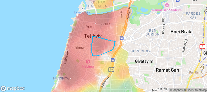 מפת חום של מחירי הנדל"ן בשכונת הצפון החדש-החלק הדרומי, תל אביב יפו — אזורים יקרים בגווני חם, אזורים זולים בגווני קר