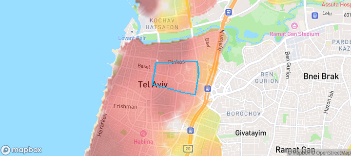 מפת חום של מחירי הנדל"ן בשכונת הצפון החדש-סביבת ככר המדינה, תל אביב יפו — אזורים יקרים בגווני חם, אזורים זולים בגווני קר