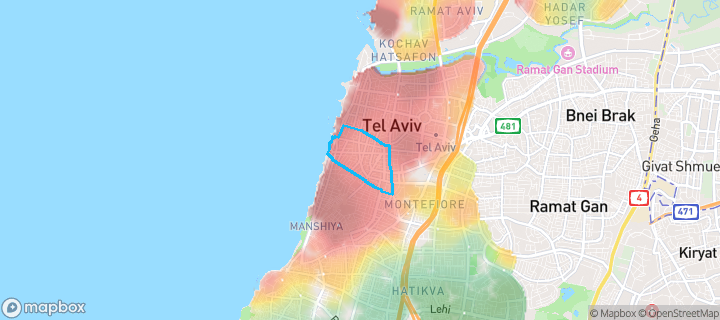 מפת חום של מחירי הנדל"ן בשכונת הצפון הישן-החלק הדרומי, תל אביב יפו — אזורים יקרים בגווני חם, אזורים זולים בגווני קר