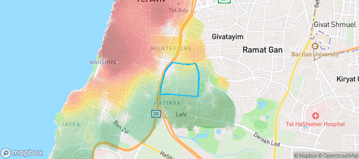 מפת חום של מחירי הנדל"ן בשכונת יד אליהו, תל אביב יפו — אזורים יקרים בגווני חם, אזורים זולים בגווני קר
