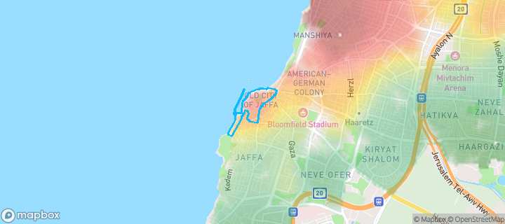 מפת חום של מחירי הנדל"ן בשכונת יפו העתיקה,נמל יפו, תל אביב יפו — אזורים יקרים בגווני חם, אזורים זולים בגווני קר