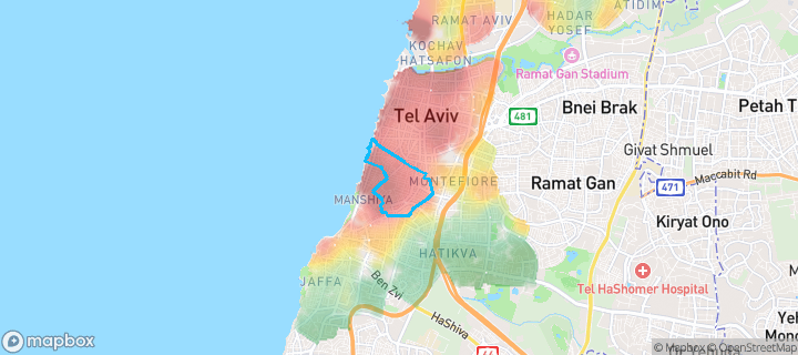 מפת חום של מחירי הנדל"ן בשכונת לב תל-אביב, תל אביב יפו — אזורים יקרים בגווני חם, אזורים זולים בגווני קר