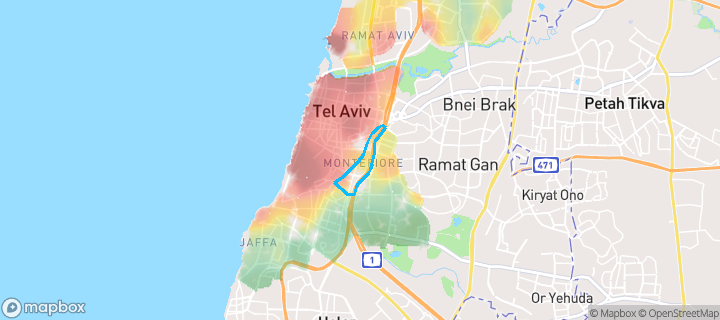 מפת חום של מחירי הנדל"ן בשכונת מונטיפיורי, הרכבת, תל אביב יפו — אזורים יקרים בגווני חם, אזורים זולים בגווני קר