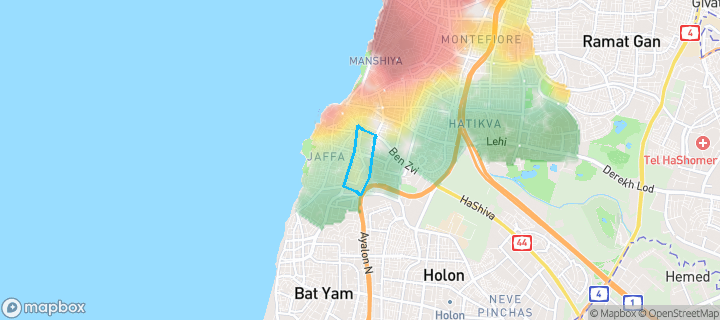מפת חום של מחירי הנדל"ן בשכונת מכללת יפו תל אביב ודקר, תל אביב יפו — אזורים יקרים בגווני חם, אזורים זולים בגווני קר