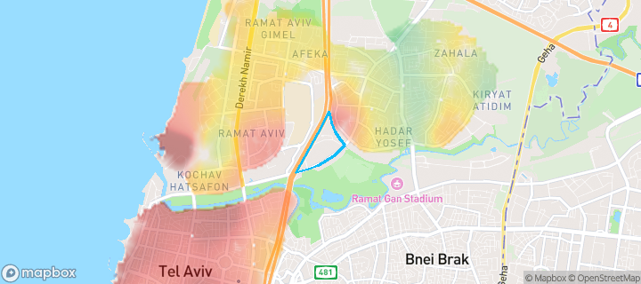 מפת חום של מחירי הנדל"ן בשכונת מרכז הירידים, תל אביב יפו — אזורים יקרים בגווני חם, אזורים זולים בגווני קר