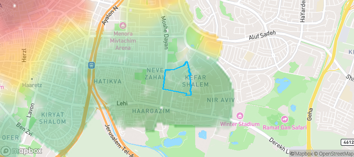 מפת חום של מחירי הנדל"ן בשכונת נוה ברבור, כפר שלם מערב, תל אביב יפו — אזורים יקרים בגווני חם, אזורים זולים בגווני קר