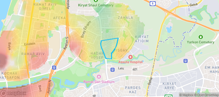 מפת חום של מחירי הנדל"ן בשכונת נוה דן, תל אביב יפו — אזורים יקרים בגווני חם, אזורים זולים בגווני קר