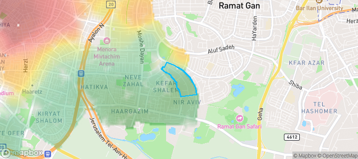 מפת חום של מחירי הנדל"ן בשכונת נוה חן, תל אביב יפו — אזורים יקרים בגווני חם, אזורים זולים בגווני קר