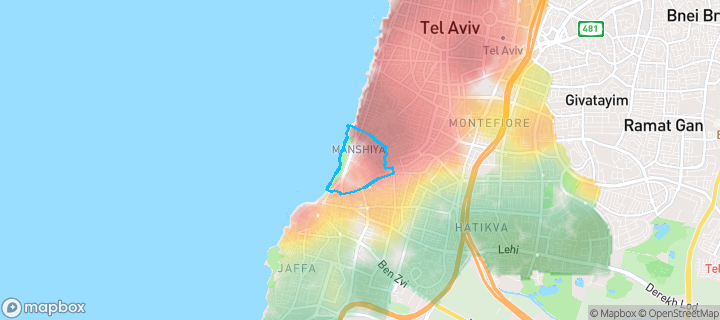 מפת חום של מחירי הנדל"ן בשכונת נוה צדק, תל אביב יפו — אזורים יקרים בגווני חם, אזורים זולים בגווני קר