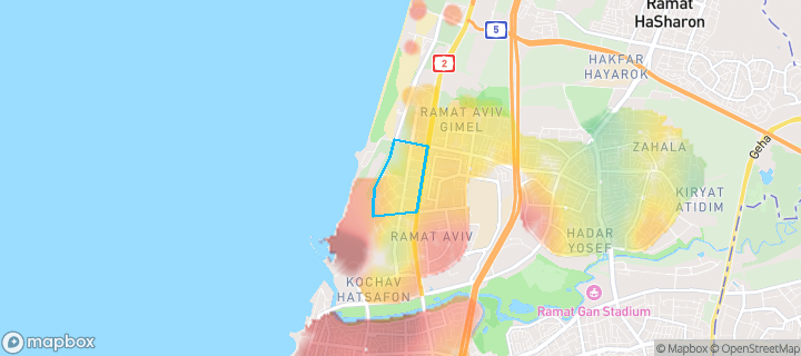מפת חום של מחירי הנדל"ן בשכונת נופי ים, תל אביב יפו — אזורים יקרים בגווני חם, אזורים זולים בגווני קר