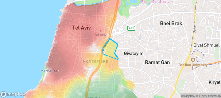 מפת חום של מחירי הנדל"ן בשכונת נחלת יצחק, תל אביב יפו — אזורים יקרים בגווני חם, אזורים זולים בגווני קר