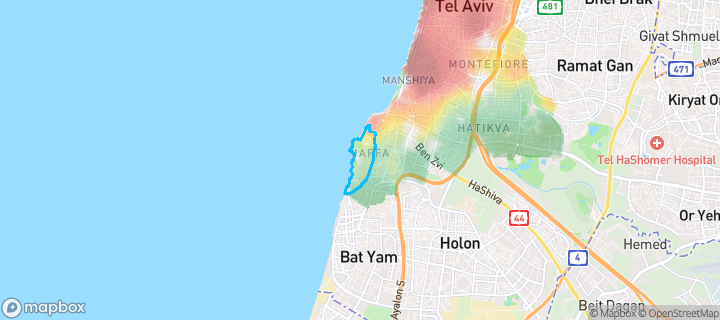 מפת חום של מחירי הנדל"ן בשכונת עג'מי וגבעת עליה, תל אביב יפו — אזורים יקרים בגווני חם, אזורים זולים בגווני קר