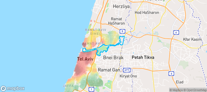 מפת חום של מחירי הנדל"ן בשכונת פארק הירקון, תל אביב יפו — אזורים יקרים בגווני חם, אזורים זולים בגווני קר