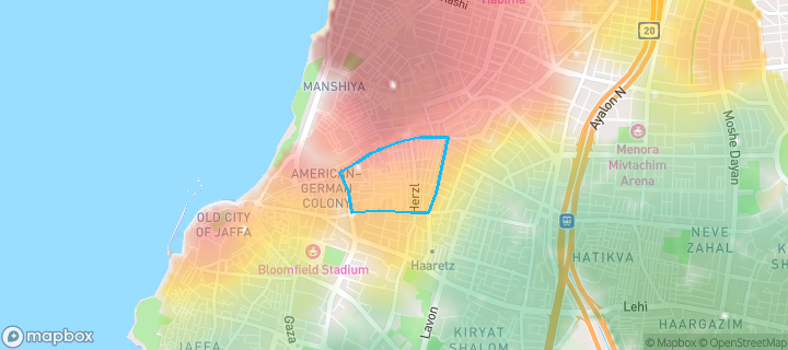 מפת חום של מחירי הנדל"ן בשכונת פלורנטין, תל אביב יפו — אזורים יקרים בגווני חם, אזורים זולים בגווני קר