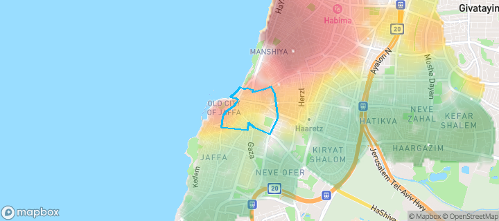 מפת חום של מחירי הנדל"ן בשכונת צפון יפו, תל אביב יפו — אזורים יקרים בגווני חם, אזורים זולים בגווני קר