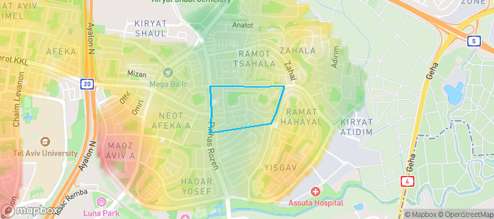 מפת חום של מחירי הנדל"ן בשכונת רביבים, תל אביב יפו — אזורים יקרים בגווני חם, אזורים זולים בגווני קר