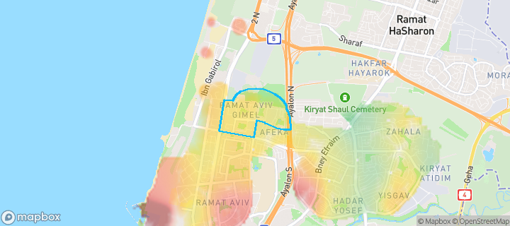 מפת חום של מחירי הנדל"ן בשכונת רמת אביב ג', תל אביב יפו — אזורים יקרים בגווני חם, אזורים זולים בגווני קר