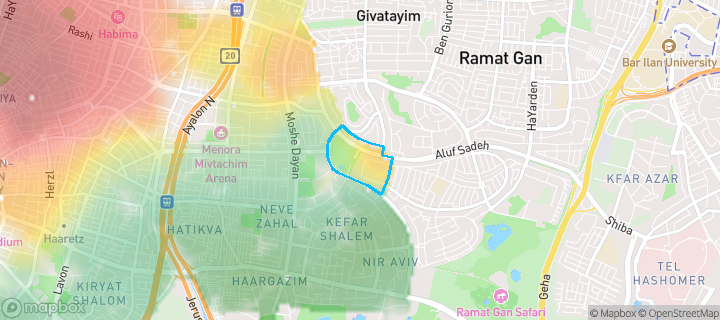 מפת חום של מחירי הנדל"ן בשכונת רמת הטייסים, תל אביב יפו — אזורים יקרים בגווני חם, אזורים זולים בגווני קר