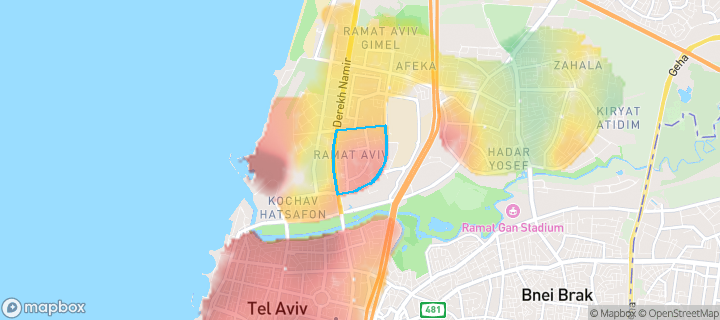מפת חום של מחירי הנדל"ן בשכונת רמת-אביב, תל אביב יפו — אזורים יקרים בגווני חם, אזורים זולים בגווני קר