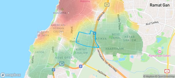 מפת חום של מחירי הנדל"ן בשכונת שפירא, תל אביב יפו — אזורים יקרים בגווני חם, אזורים זולים בגווני קר