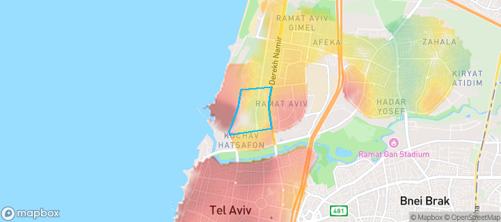 מפת חום של מחירי הנדל"ן בשכונת תכנית ל', למד, תל אביב יפו — אזורים יקרים בגווני חם, אזורים זולים בגווני קר