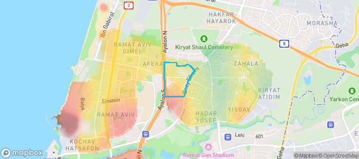 מפת חום של מחירי הנדל"ן בשכונת תל ברוך, תל אביב יפו — אזורים יקרים בגווני חם, אזורים זולים בגווני קר