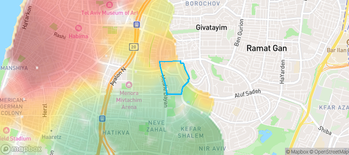 מפת חום של מחירי הנדל"ן בשכונת תל חיים, תל אביב יפו — אזורים יקרים בגווני חם, אזורים זולים בגווני קר