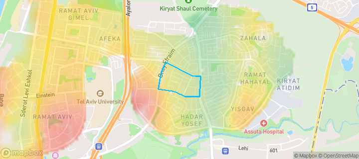 מפת חום של מחירי הנדל"ן בשכונת 'נאות אפקה א, תל אביב - יפו — אזורים יקרים בגווני חם, אזורים זולים בגווני קר