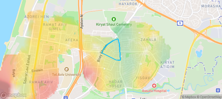 מפת חום של מחירי הנדל"ן בשכונת 'נאות אפקה ב, תל אביב - יפו — אזורים יקרים בגווני חם, אזורים זולים בגווני קר