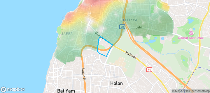 מפת חום של מחירי הנדל"ן בשכונת אזור תעסוקה-צומת חולון, תל אביב - יפו — אזורים יקרים בגווני חם, אזורים זולים בגווני קר