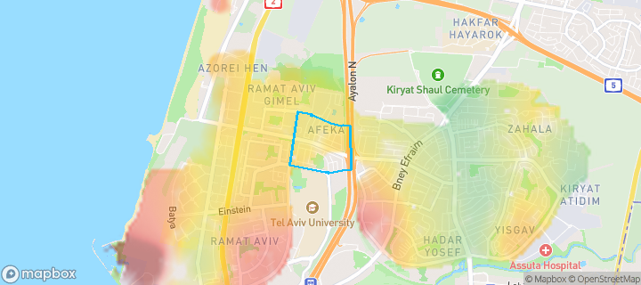 מפת חום של מחירי הנדל"ן בשכונת אפקה, תל אביב - יפו — אזורים יקרים בגווני חם, אזורים זולים בגווני קר