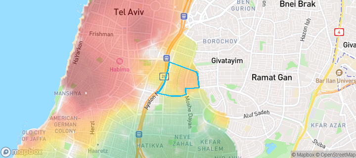 מפת חום של מחירי הנדל"ן בשכונת ביצרון ורמת ישראל, תל אביב - יפו — אזורים יקרים בגווני חם, אזורים זולים בגווני קר