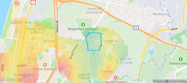 מפת חום של מחירי הנדל"ן בשכונת גני צהלה, רמות צהלה, תל אביב - יפו — אזורים יקרים בגווני חם, אזורים זולים בגווני קר