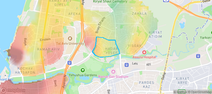 מפת חום של מחירי הנדל"ן בשכונת הדר-יוסף, תל אביב - יפו — אזורים יקרים בגווני חם, אזורים זולים בגווני קר