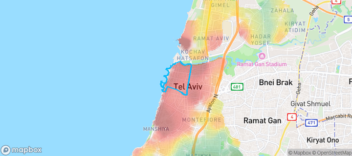 מפת חום של מחירי הנדל"ן בשכונת הצפון הישן - החלק הצפוני, תל אביב - יפו — אזורים יקרים בגווני חם, אזורים זולים בגווני קר