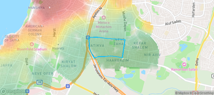 מפת חום של מחירי הנדל"ן בשכונת התקוה, תל אביב - יפו — אזורים יקרים בגווני חם, אזורים זולים בגווני קר
