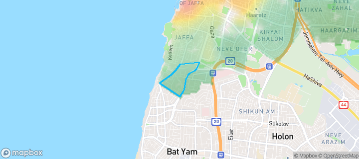 מפת חום של מחירי הנדל"ן בשכונת יפו ג' ונוה גולן, תל אביב - יפו — אזורים יקרים בגווני חם, אזורים זולים בגווני קר
