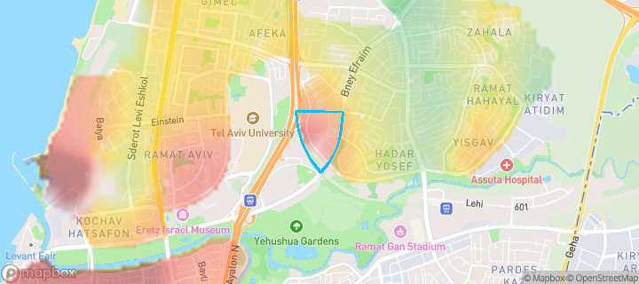 מפת חום של מחירי הנדל"ן בשכונת מעוז אביב, תל אביב - יפו — אזורים יקרים בגווני חם, אזורים זולים בגווני קר