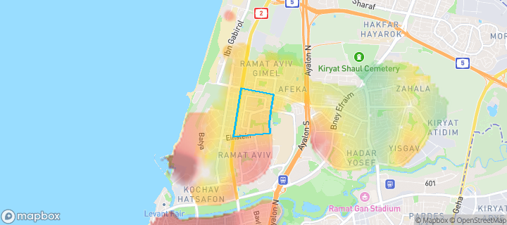 מפת חום של מחירי הנדל"ן בשכונת נוה אביבים וסביבתה, תל אביב - יפו — אזורים יקרים בגווני חם, אזורים זולים בגווני קר