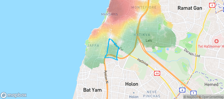 מפת חום של מחירי הנדל"ן בשכונת נוה עופר, תל אביב - יפו — אזורים יקרים בגווני חם, אזורים זולים בגווני קר