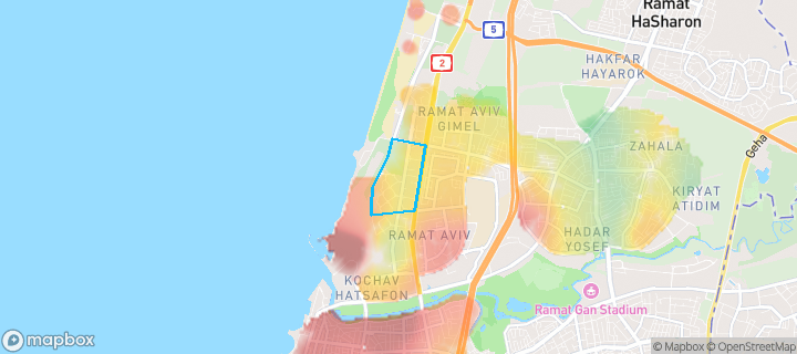 מפת חום של מחירי הנדל"ן בשכונת נופי ים, תל אביב - יפו — אזורים יקרים בגווני חם, אזורים זולים בגווני קר