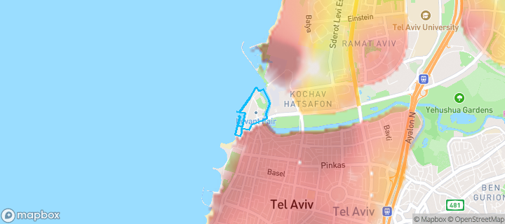 מפת חום של מחירי הנדל"ן בשכונת נמל תל-אביב, תל אביב - יפו — אזורים יקרים בגווני חם, אזורים זולים בגווני קר