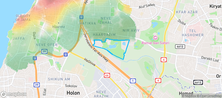 מפת חום של מחירי הנדל"ן בשכונת פארק דרום, תל אביב - יפו — אזורים יקרים בגווני חם, אזורים זולים בגווני קר