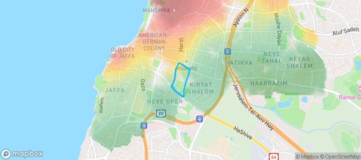 מפת חום של מחירי הנדל"ן בשכונת פארק החורשות, תל אביב - יפו — אזורים יקרים בגווני חם, אזורים זולים בגווני קר