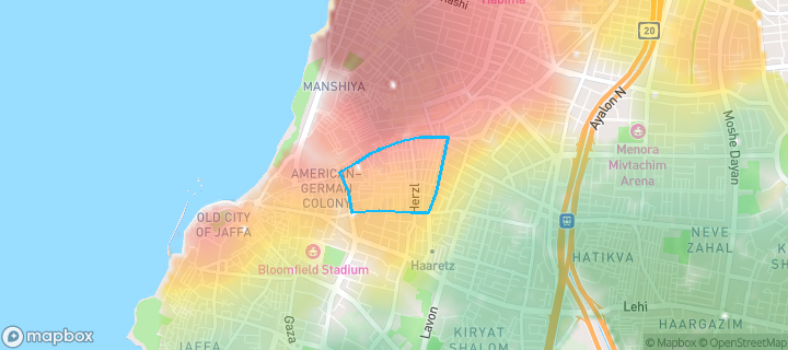 מפת חום של מחירי הנדל"ן בשכונת פלורנטין, תל אביב - יפו — אזורים יקרים בגווני חם, אזורים זולים בגווני קר
