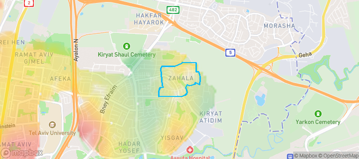 מפת חום של מחירי הנדל"ן בשכונת צהלה, תל אביב - יפו — אזורים יקרים בגווני חם, אזורים זולים בגווני קר
